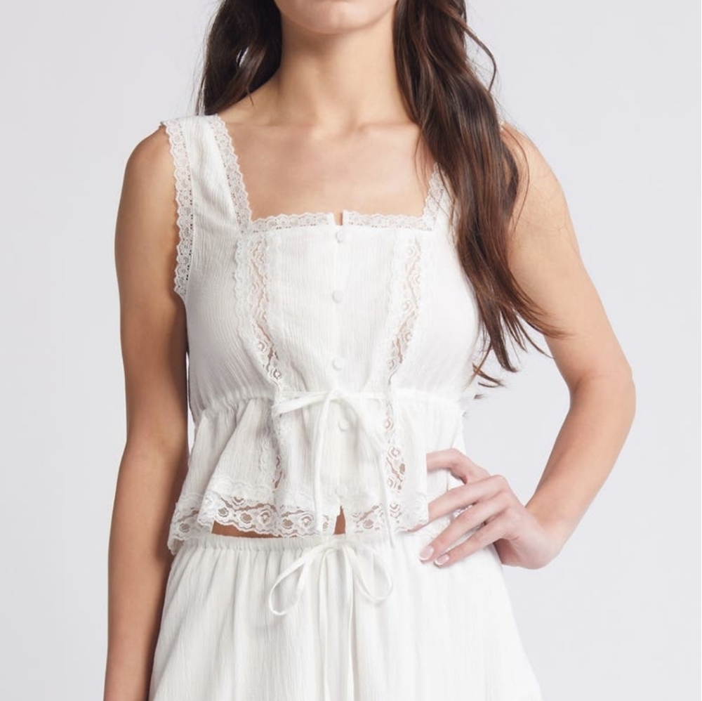 Something New Women's White Emily Lace Tie Waist Cropped Tank Size Small